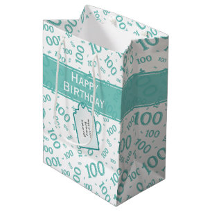 Centenarian 100th Teal Random Number Pattern Medium Gift Bag
