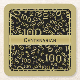 "Centenarian" Black/gold 100th Party Theme Sq Square Paper Coaster