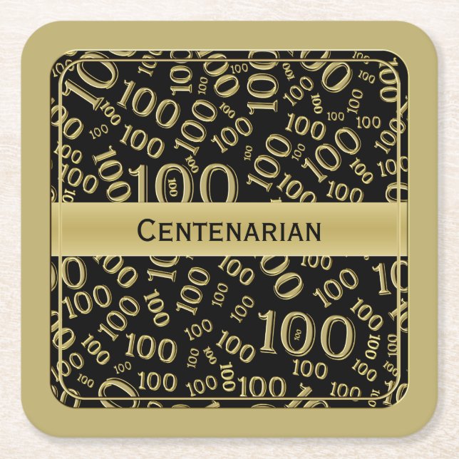 "Centenarian" Black/gold 100th Party Theme Sq Square Paper Coaster (Front)