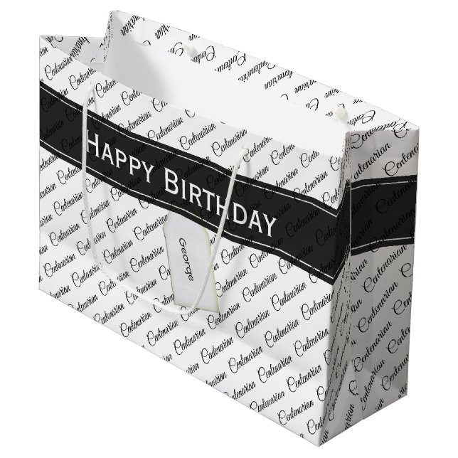 Centenarian Black/White Typography Pattern - 100th Large Gift Bag (Front Angled)