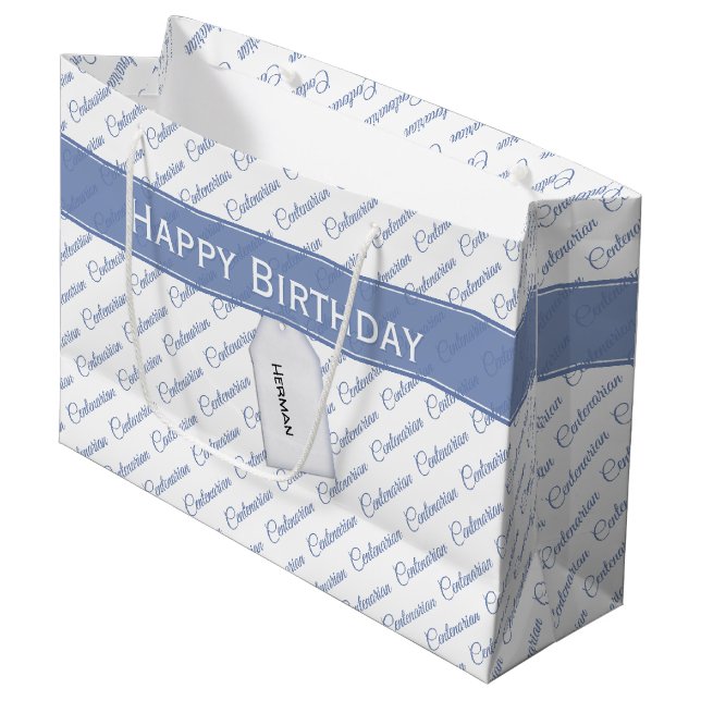 Centenarian Blue/White Typography Pattern - 100th Large Gift Bag (Front Angled)