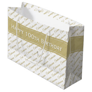 Centenarian Gold/White Typography Pattern - 100th Large Gift Bag