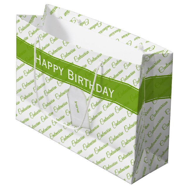 Centenarian Green/White Typography Pattern - 100th Large Gift Bag (Front Angled)