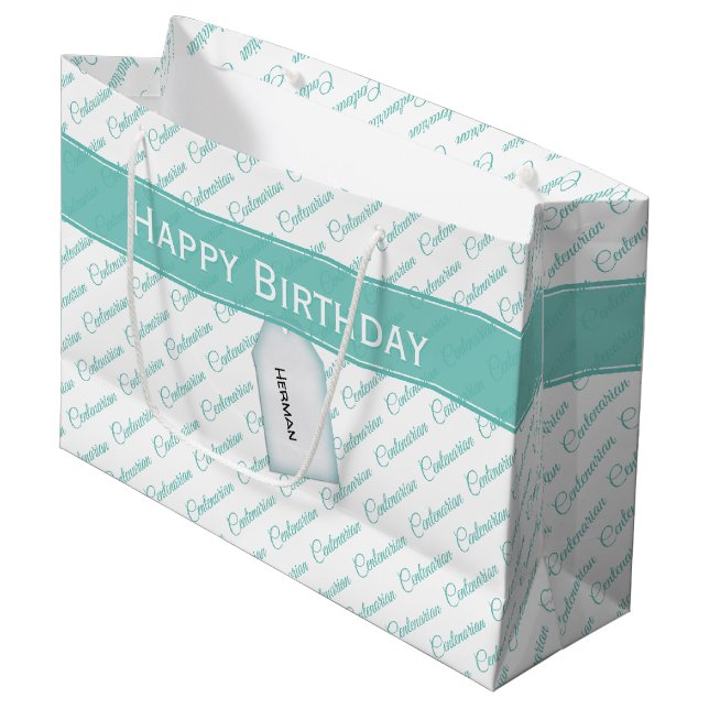 Centenarian Teal/White Typography Pattern - 100th Large Gift Bag (Front Angled)