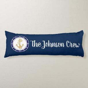 Central Golden Anchor Navy Blue Nautical Body Pillow