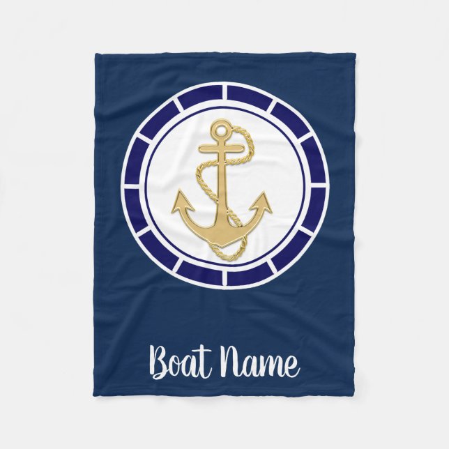 Central Golden Anchor Navy Blue Nautical Fleece Blanket (Front)