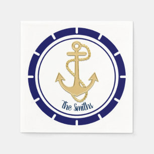 Central Golden Anchor Navy Blue Nautical Napkin