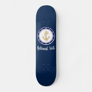 Central Golden Anchor Navy Blue Nautical  Skateboard