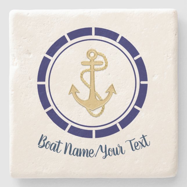 Central Golden Anchor Navy Blue Nautical Stone Coaster (Front)