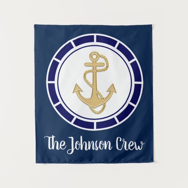 Central Golden Anchor Navy Blue Nautical Tapestry (Front)