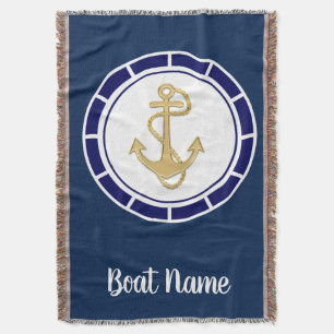 Central Golden Anchor Navy Blue Nautical Throw Blanket