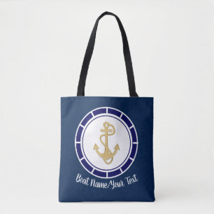 Central Golden Anchor Navy Blue Nautical Tote Bag