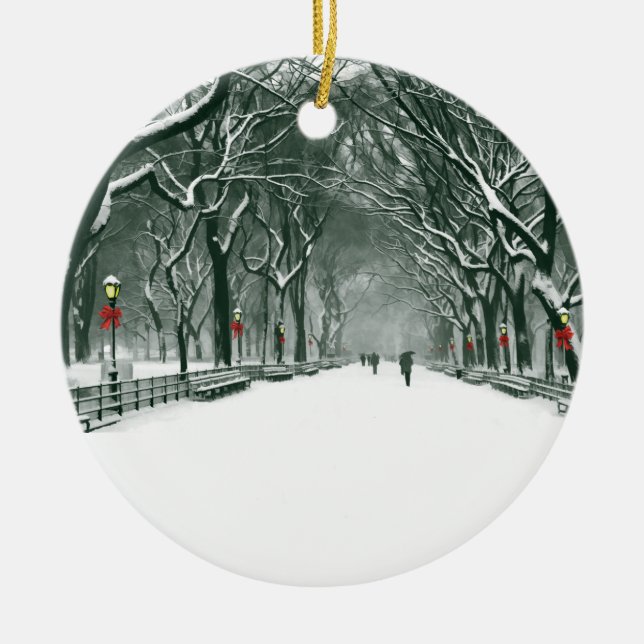 Central Park Snowy Path Ceramic Ornament (Front)