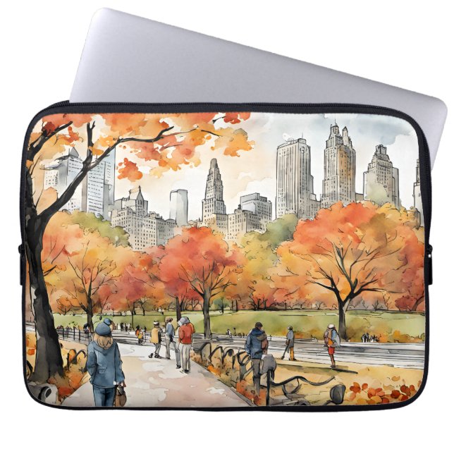 Central Park, watercolors, AI-generated, Laptop Sleeve (Front)
