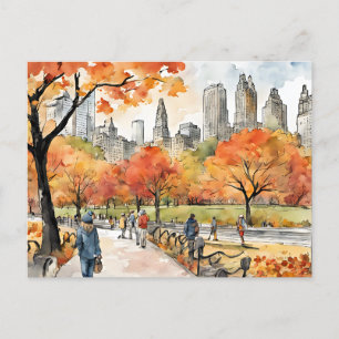 Central Park, watercolors, AI-generated, Postcard