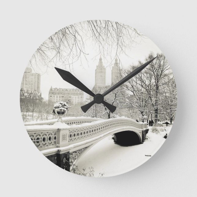 Central Park Winter - Snow on Bow Bridge Round Clock (Front)