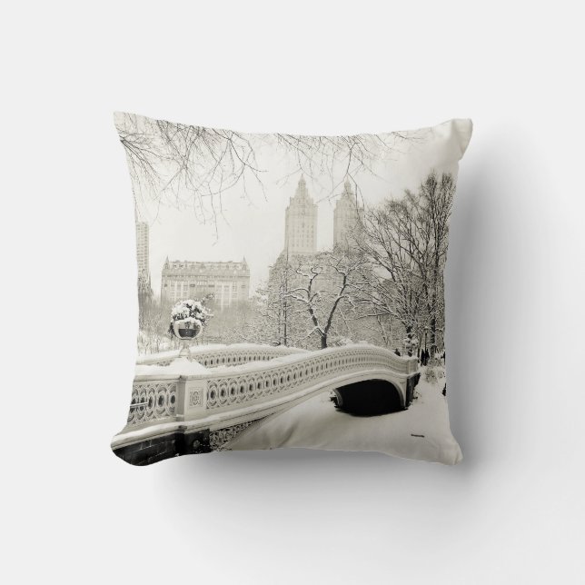Central Park Winter - Snow on Bow Bridge Throw Pillow (Front)