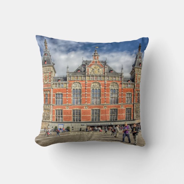 Central Station, Sights of Amsterdam Throw Pillow (Front)