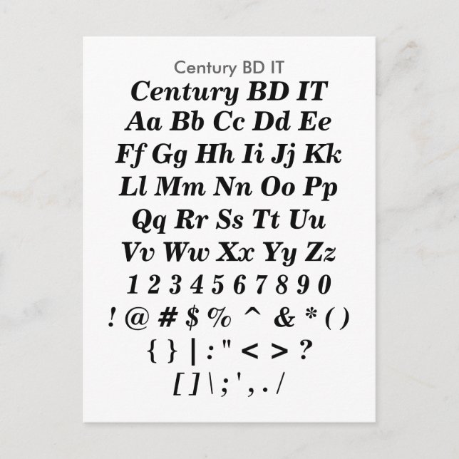 Century BD IT - Zazzle Font Sampler Sheet Postcard (Front)