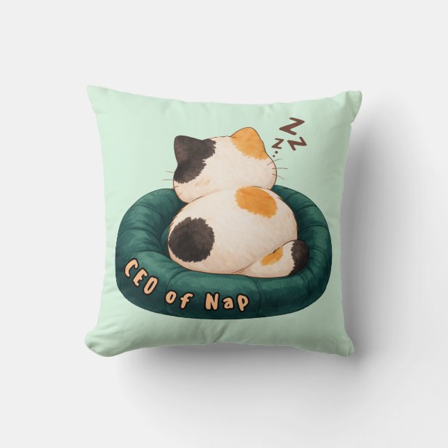 "CEO of Nap" Cat Sleeping on The Couch Throw Pillow (Front)