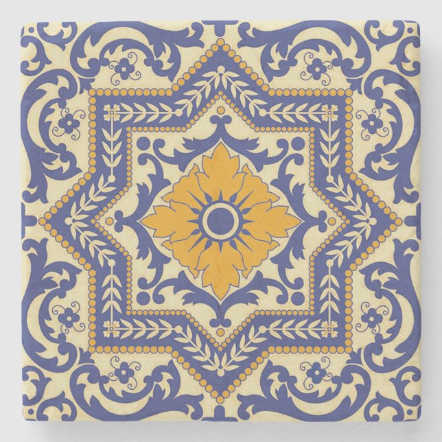 Ceramic Azulejo Style Blue Orange Coaster (Front)