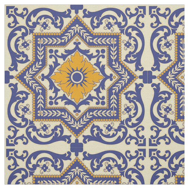 Ceramic Azulejo Style Blue Orange Fabric (Swatch)