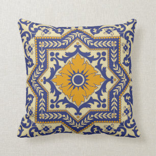 Ceramic Azulejo Style Blue Orange Pillow