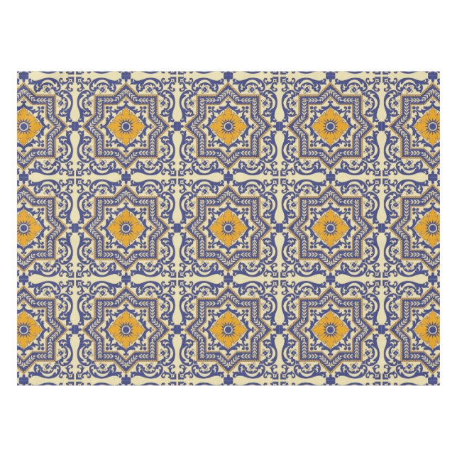 Ceramic Azulejo Style Blue Orange Tablecloth (Front (Horizontal))