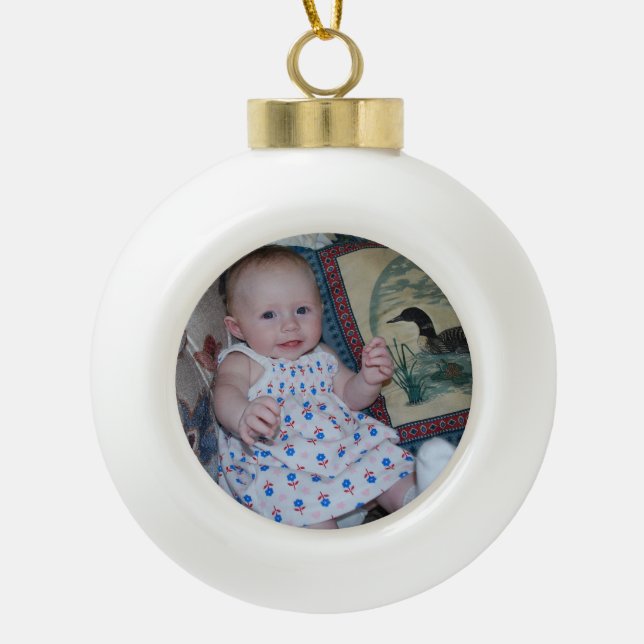 Ceramic Ball Poinsettia Design with Cute Photo Ceramic Ball Christmas Ornament (Front)