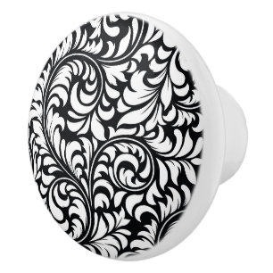 Ceramic Black & White Floral Damask Knob