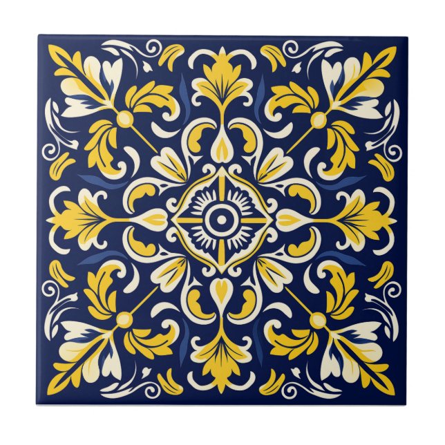 Ceramic Blue and yellow Mexican Tile - # 1 Tile (Front)