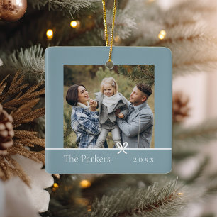 Ceramic Blue Minimalist Bow Double Sided Photo Ceramic Ornament