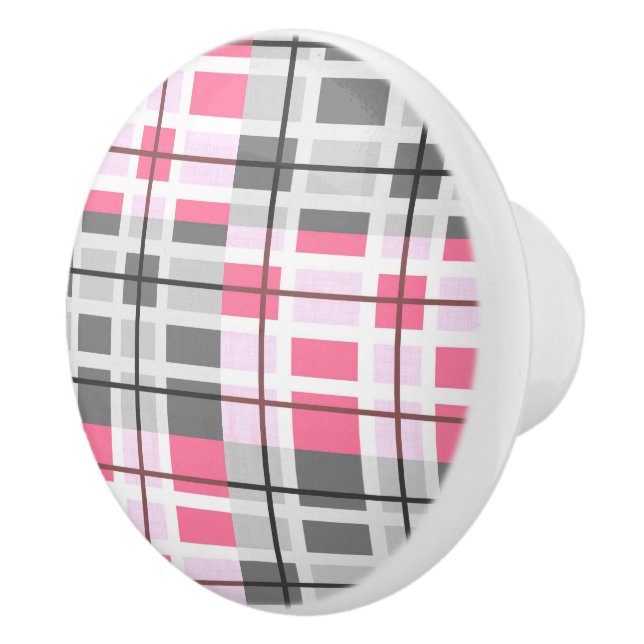 Ceramic Cabinet Knob-Pink & Grey Plaid Knob (Right)