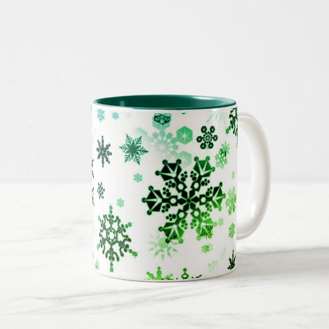 Ceramic Coffee Mug-Green Snowflakes Two-Tone Coffee Mug (Front Right)
