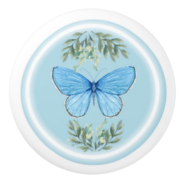ceramic drawer knob - blue butterfly design  (Front)