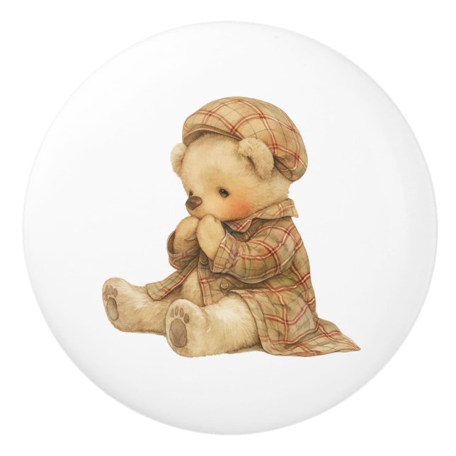 Ceramic Drawer Pull - Bear in Plaids (Front)
