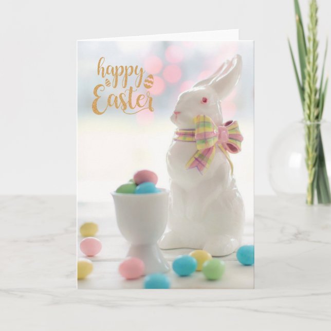 Ceramic Easter Bunny with Eggs Easter Card (Front)