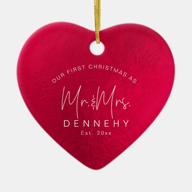 Ceramic Heart First Christmas, Iridescent Red Ornament (Front)