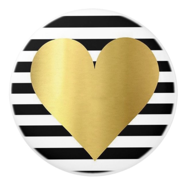 Ceramic Knob/Gold Heart-Black and White Stripes Knob (Front)