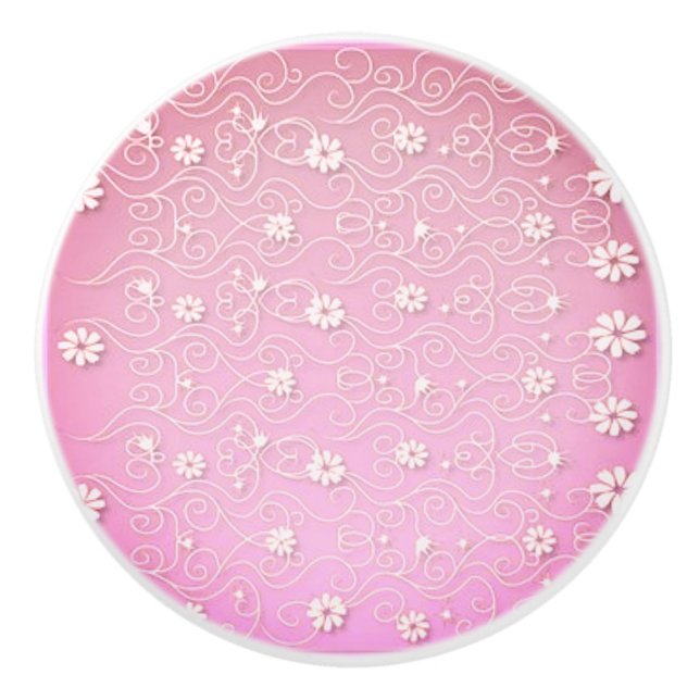 CERAMIC KNOB WITH WHITE FLORAL DESIGN. (Front)