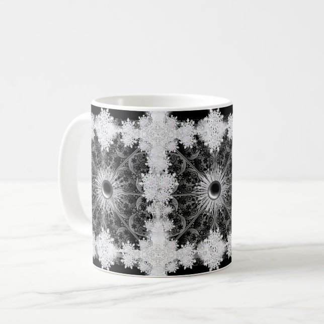 Ceramic lace black & snowflake coffee mug (Front Left)