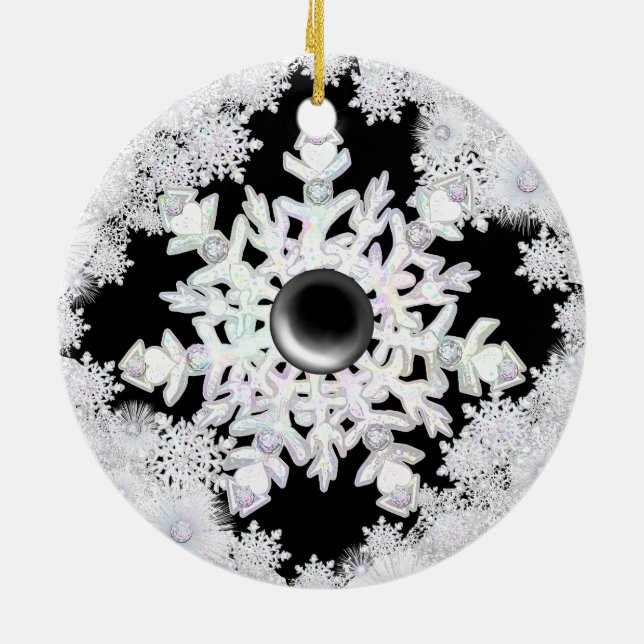 Ceramic Lace black & snowflakes Ornament (Back)