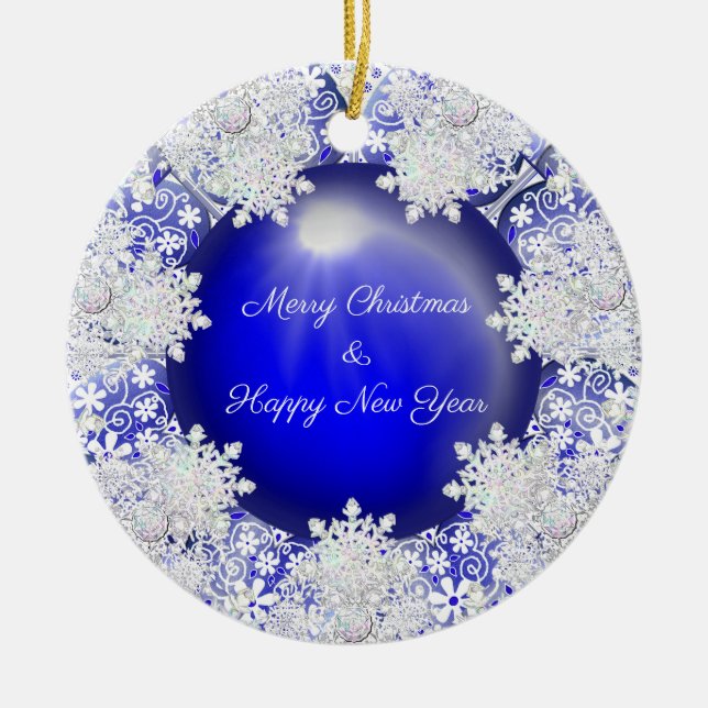 Ceramic Lace Blue of Greece & snowflake Ceramic Ornament (Front)