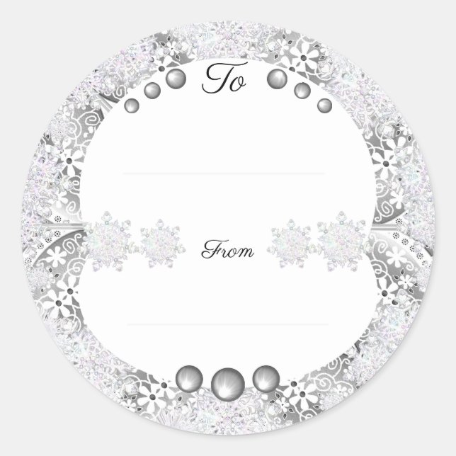 Ceramic lace grey & snowflake classic round sticker (Front)
