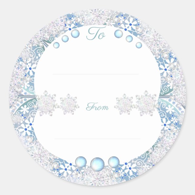 Ceramic lace light blue & snowflake classic round sticker (Front)
