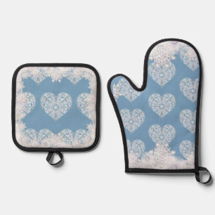 Ceramic lace light blue & snowflake oven mitt & pot holder set