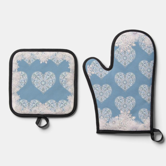 Ceramic lace light blue & snowflake oven mitt & pot holder set (Front)
