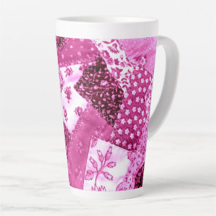 Ceramic Latte Cup Mug Floral Quilt Pink White