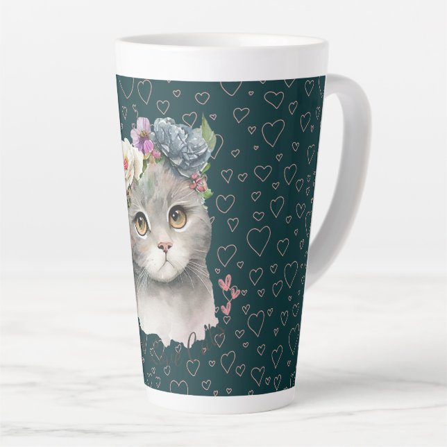 Ceramic Latte Mug - Cute Cat & Wildflowers (Right Angle)