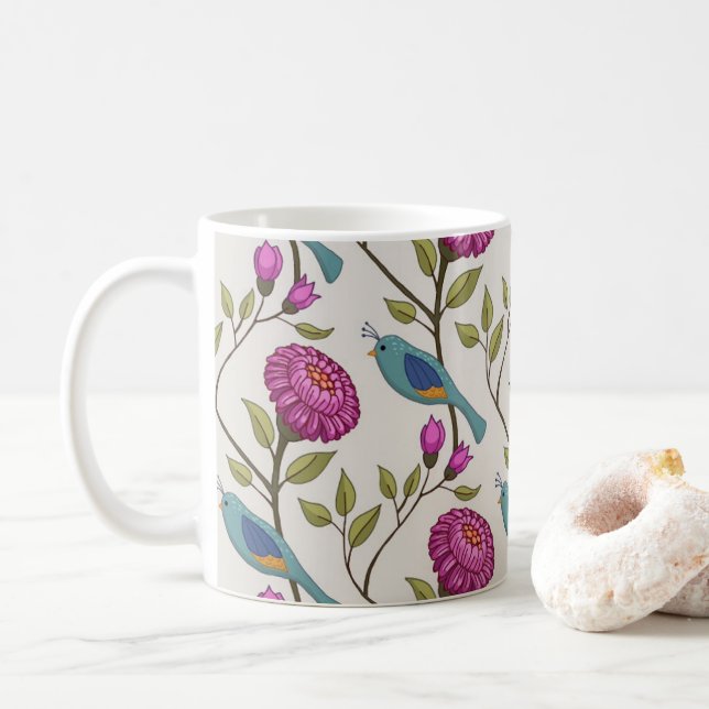 Ceramic mug with bird and flower print (Avec donut)